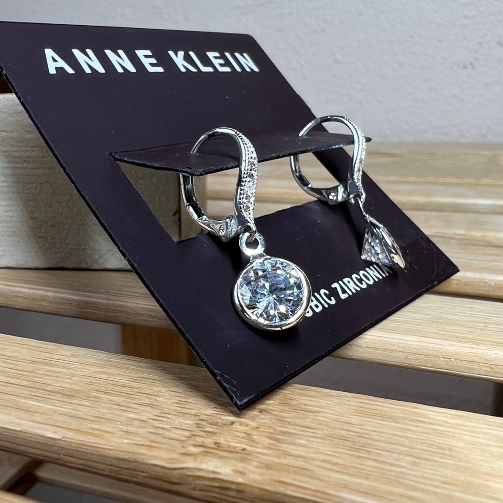 Anne Klein Silver Tone Cubic Zirconia Crystal Dangle Drop Pierced Earrings - Picture 3 of 6